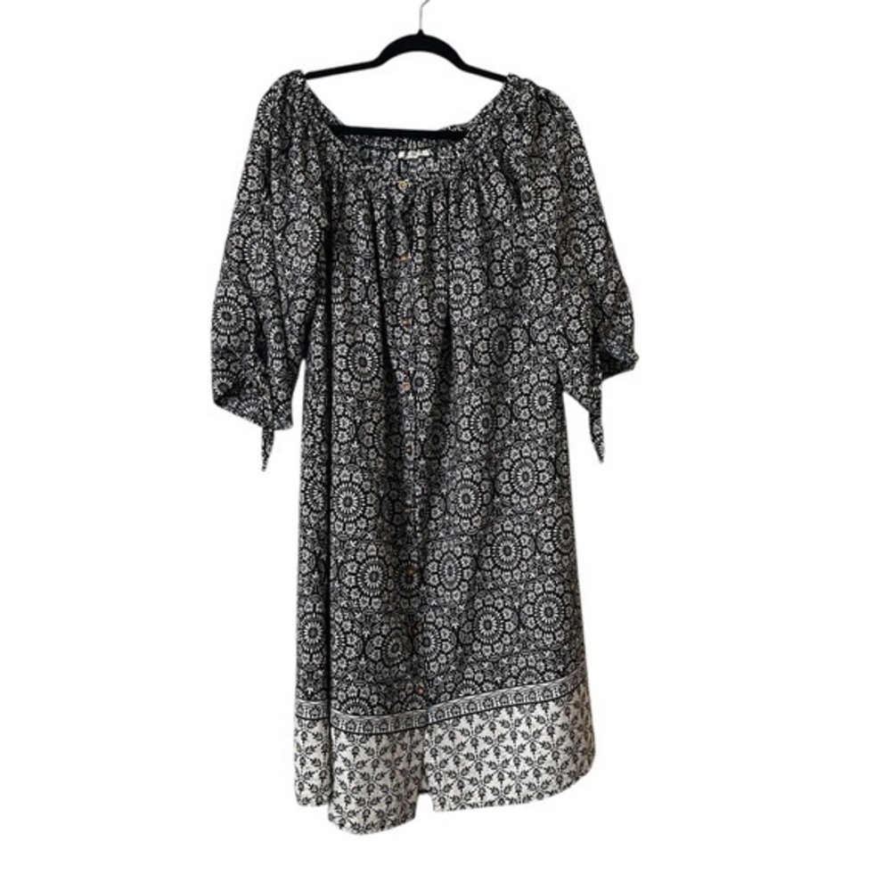 SPEED CONTROL 1/2 sleeve black & cream print button down boho dress sz M